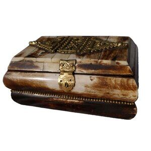 Trinket Jewelry Box Camel Bone & Brass Handcrafted 5.75"X3.75" Velvet Lined Vtg